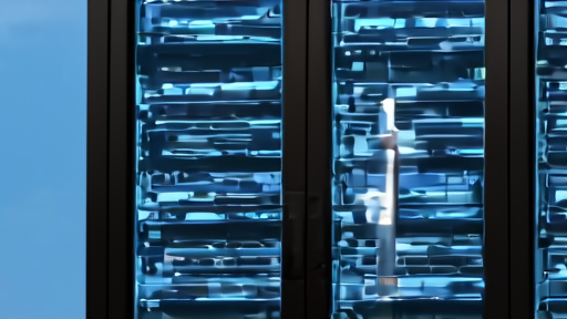 Data center control room with a rocket launch feed reflected in server glass