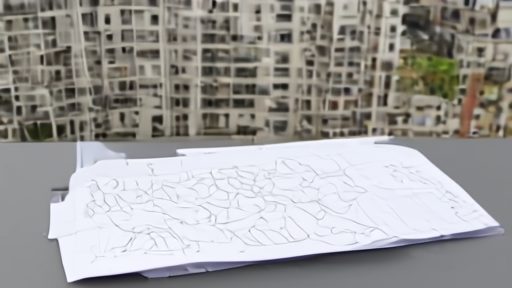 Apartment towers under construction with a merger presentation and zoning map on a folding table