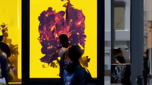 Teenagers wait outside a multiplex beneath a yellow-lit horror display