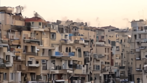 Beirut street at dusk with smoke beyond apartment blocks and residents watching from balconies