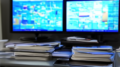 Broadcast newsroom monitors reflected in glass beside FCC folders