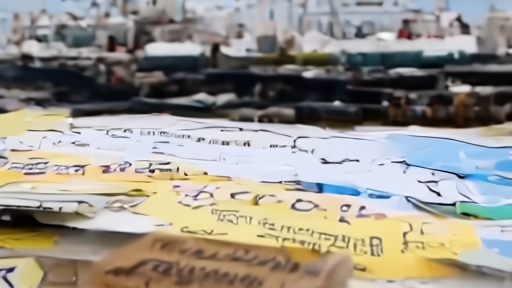 Dockside vessel papers beside an aid banner