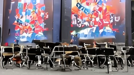 Arena stage crew setting orchestral chairs beneath two tour posters