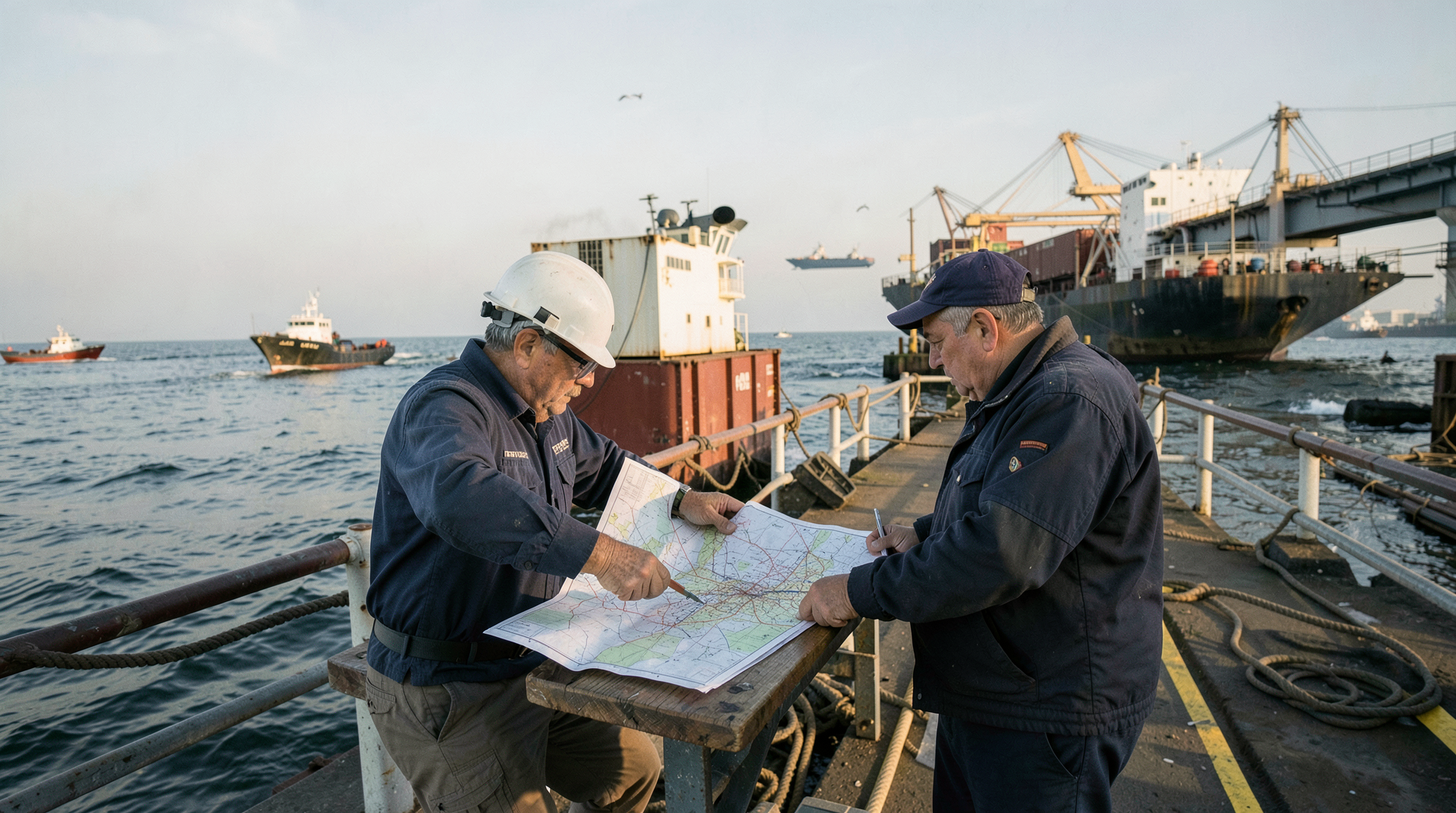Tanker crew studying navigation charts on a Gulf bridge