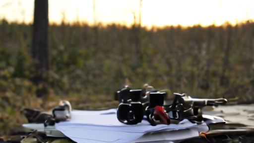 Field notebook and binoculars rest on a forest research camp table