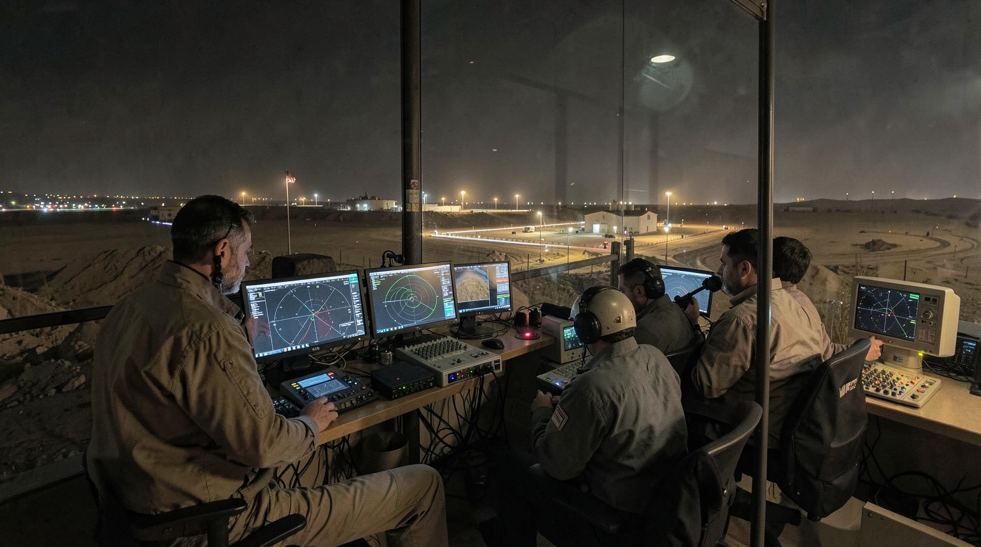 Kuwaiti air-defense crews study radar screens near a dimly lit base perimeter