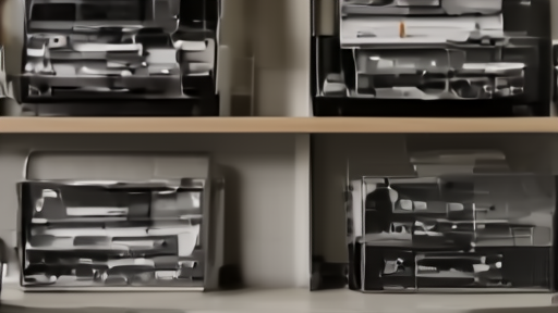 Studio archive shelves with film canisters and digital asset monitors beside a quarterly earnings binder