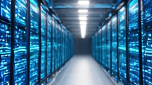 Data-center corridor with blue server lights and an executive presentation slide blurred in the foreground