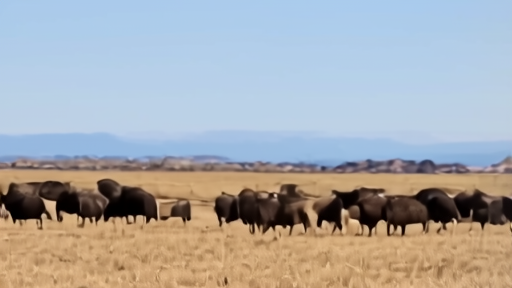 Bison graze on open western ranchland beneath a wide sky