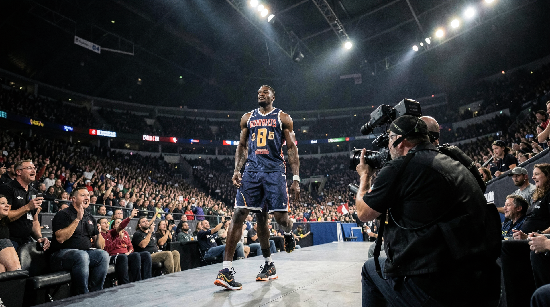 Wembanyama stands under arena lights as a broadcast camera tracks him from the baseline
