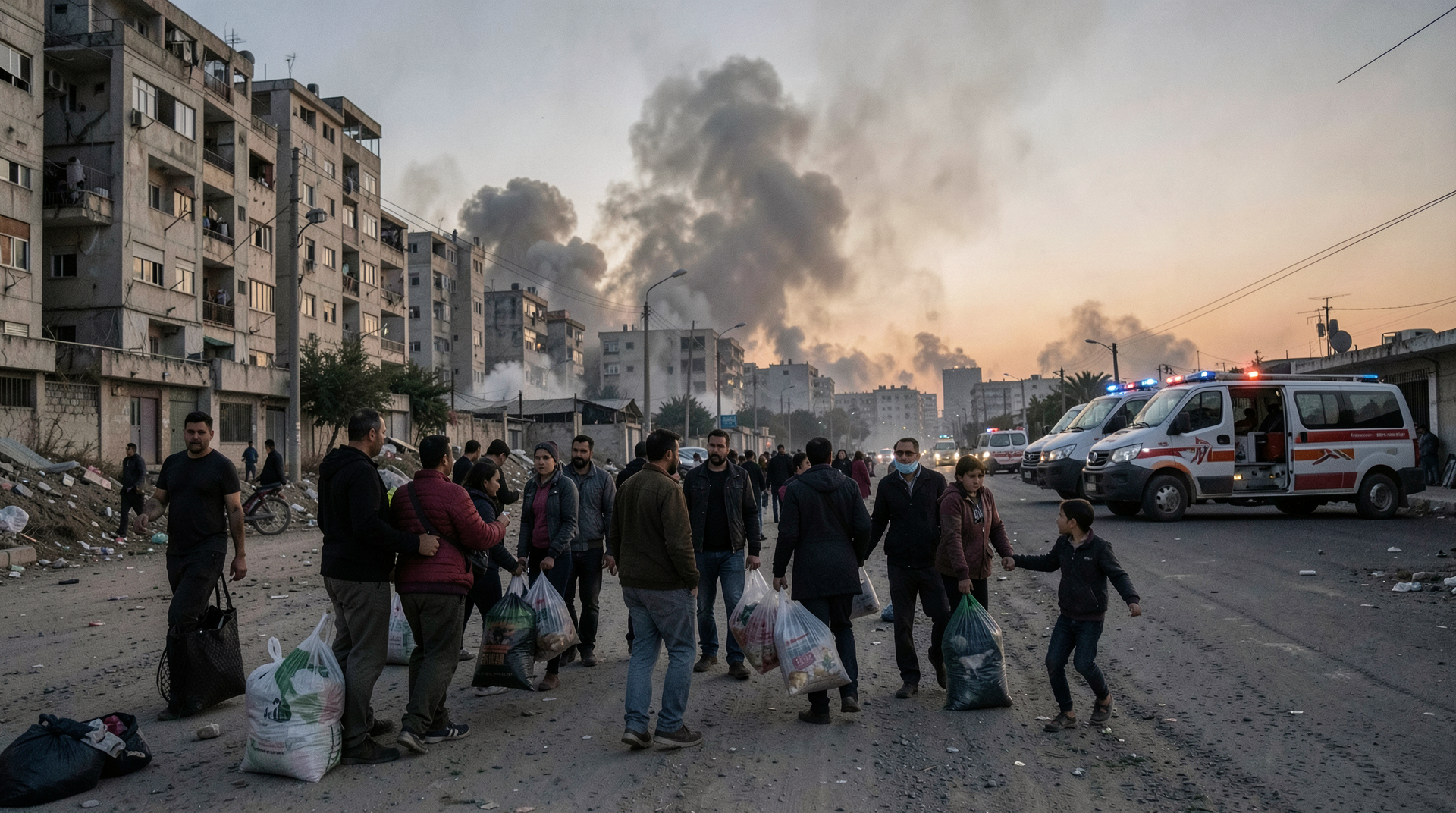 Families leaving Tyre at dusk as smoke rises behind apartment blocks