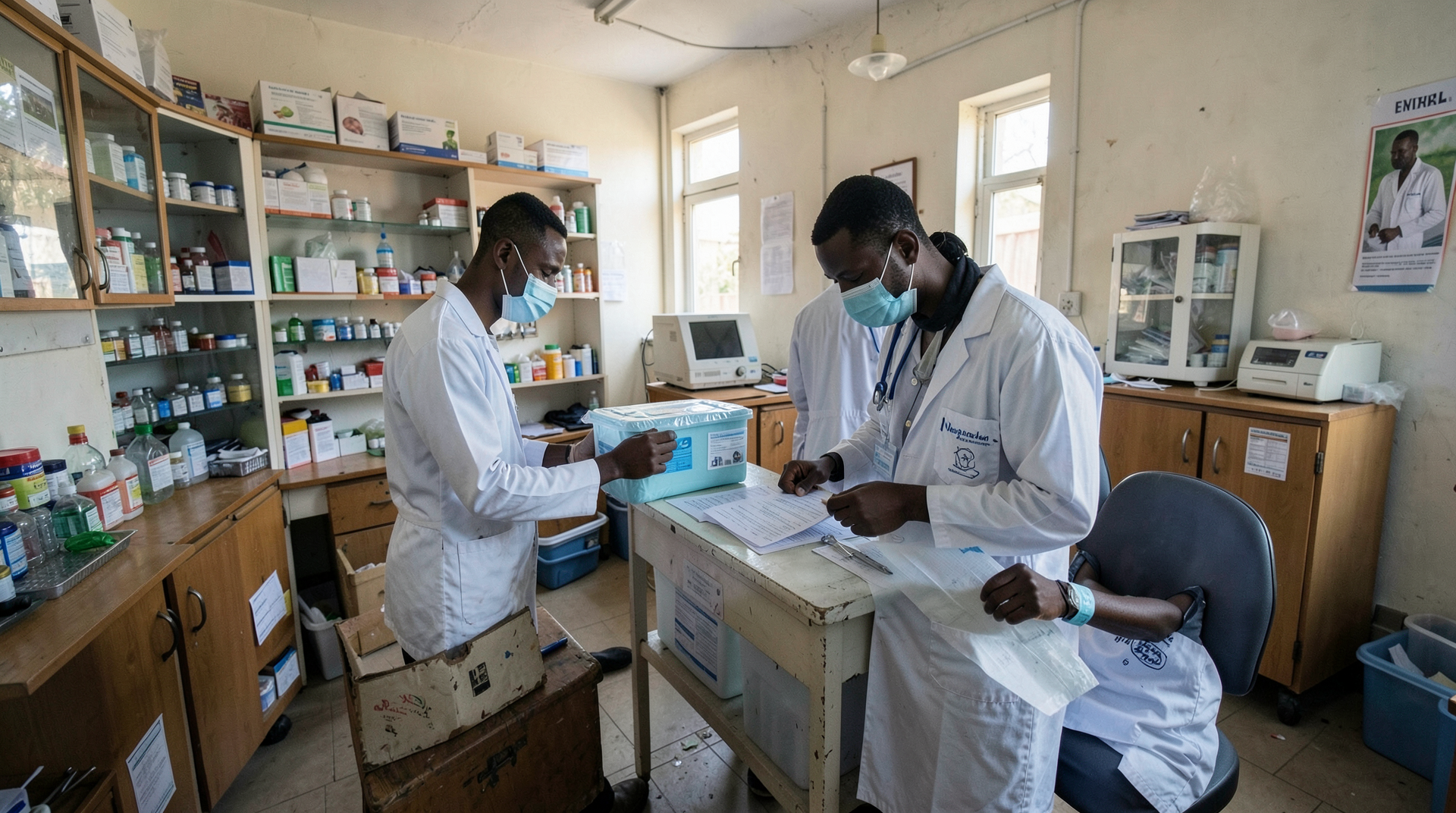 Masked clinic workers review trial forms beside sealed vaccine carriers