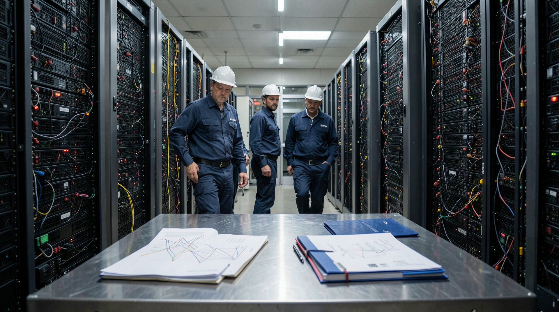 Engineers walking between server racks and finance binders.