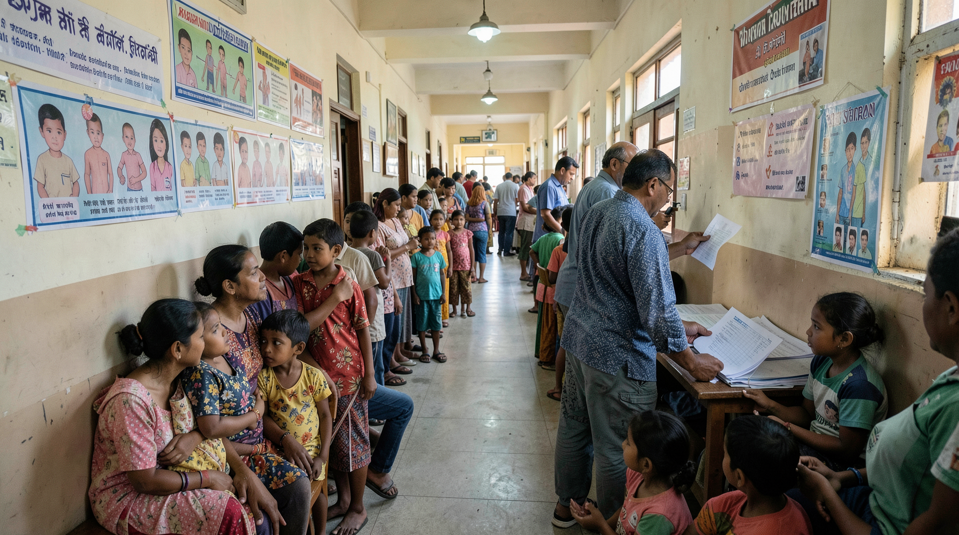 A pediatric clinic corridor with vaccination posters and waiting families.