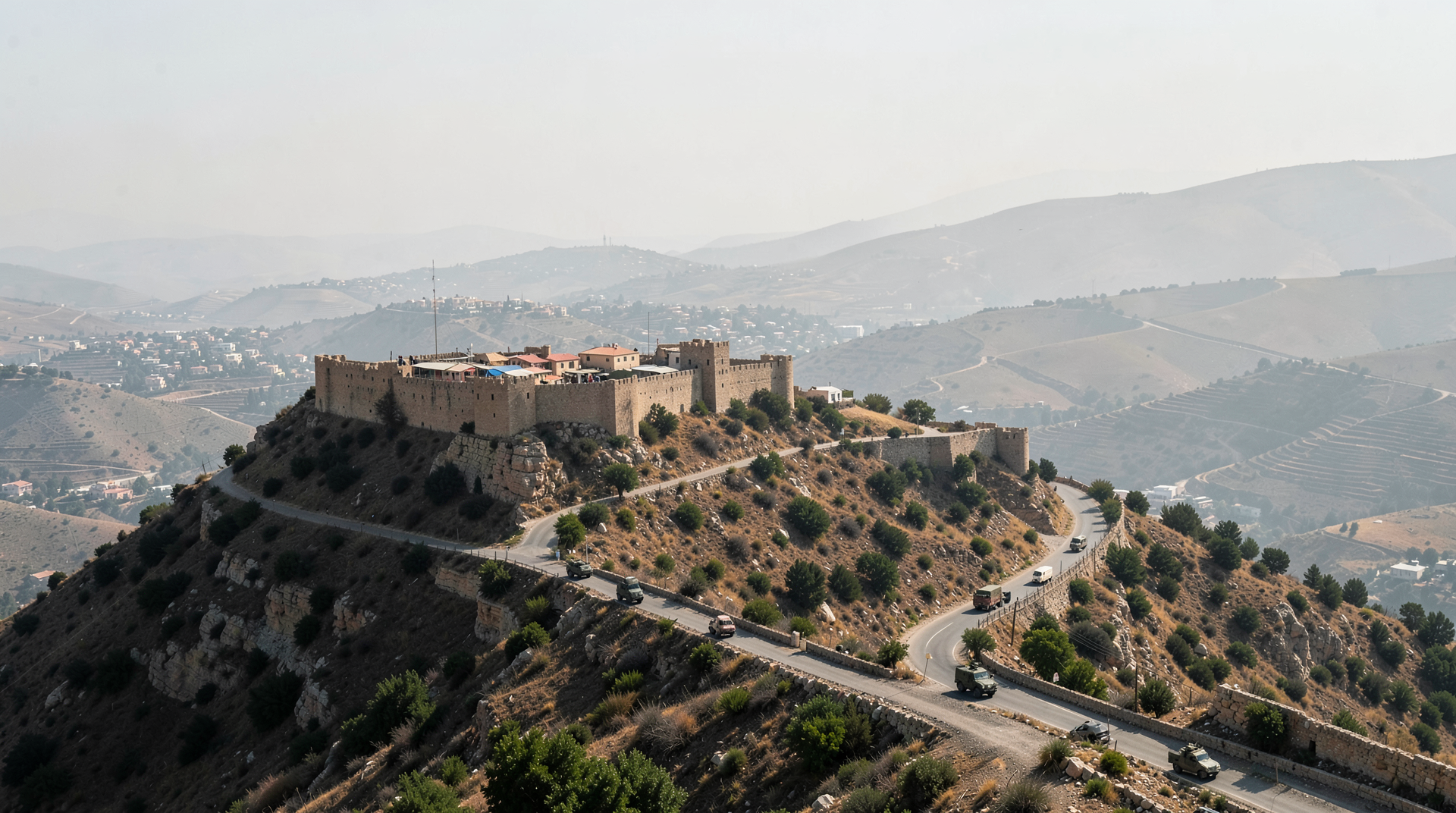 A hilltop fortress above southern Lebanon with military vehicles below.