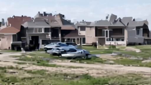 A new-home sales office beside unfinished houses and a family reviewing bills in a parked car