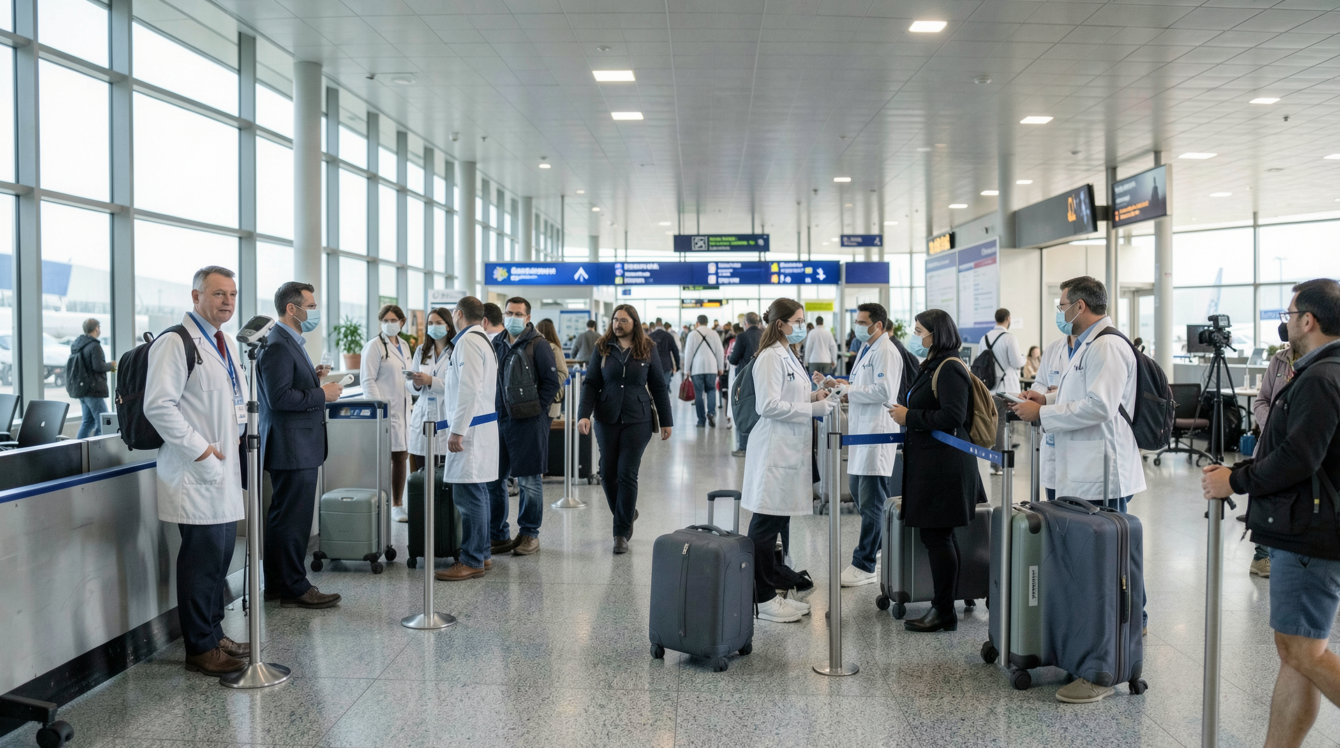 Travelers moving through an airport health screening checkpoint.