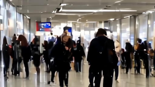 Travelers passing a health information sign in an airport corridor