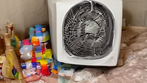 A box fan in a hot apartment near bottled water and medication bottles