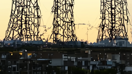 A data center behind transmission towers near a residential neighborhood at dusk