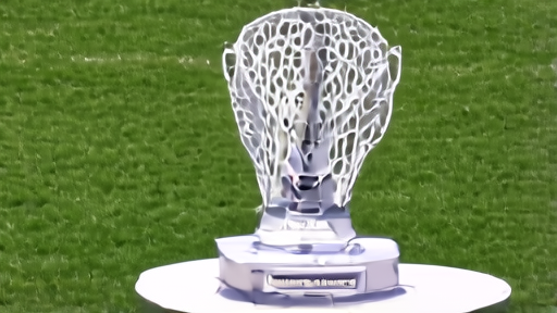 A women's college lacrosse championship trophy on a sideline table