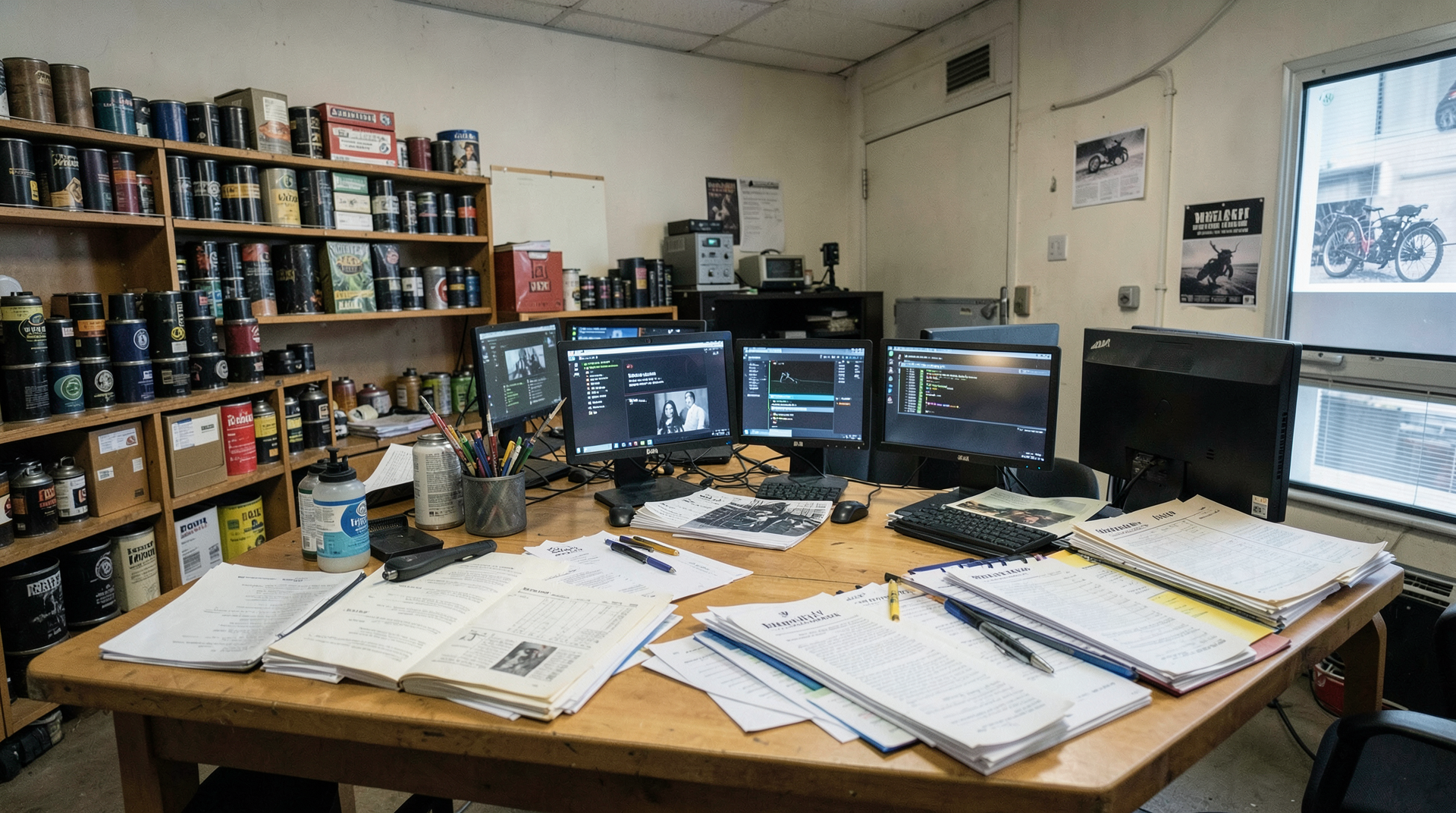 A studio archive room with film cans, streaming screens, and finance ledgers.