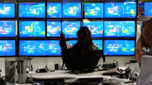 A trading desk with model names, token meters, and routing dashboards on monitors