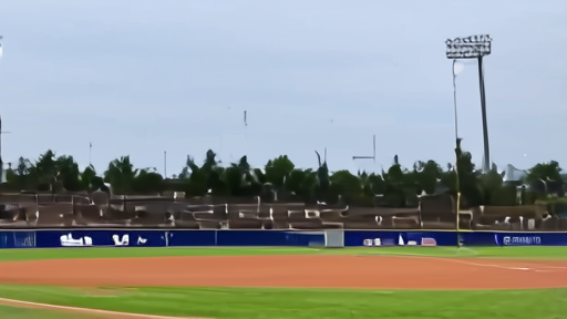 A college softball field prepared for a televised night game