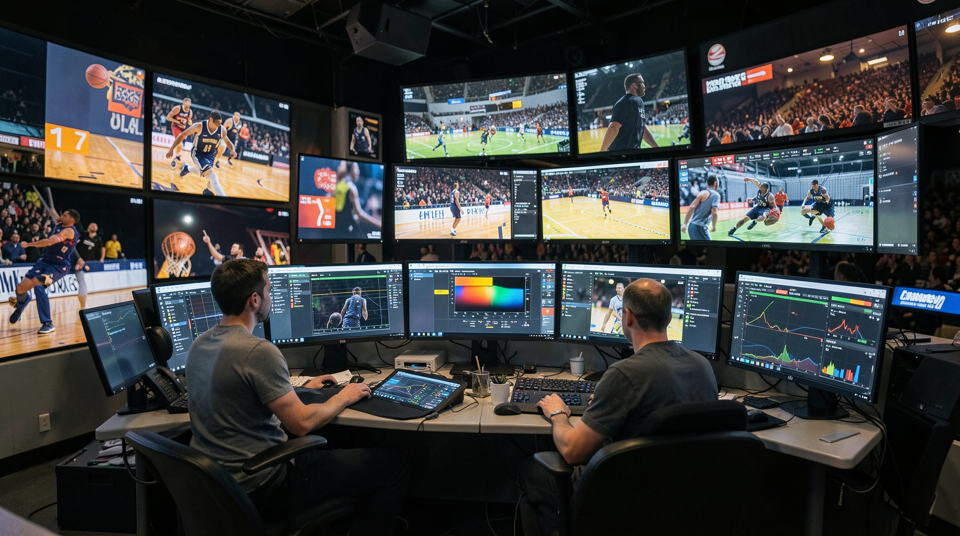 Control room screens showing basketball, racing, and ratings dashboards.