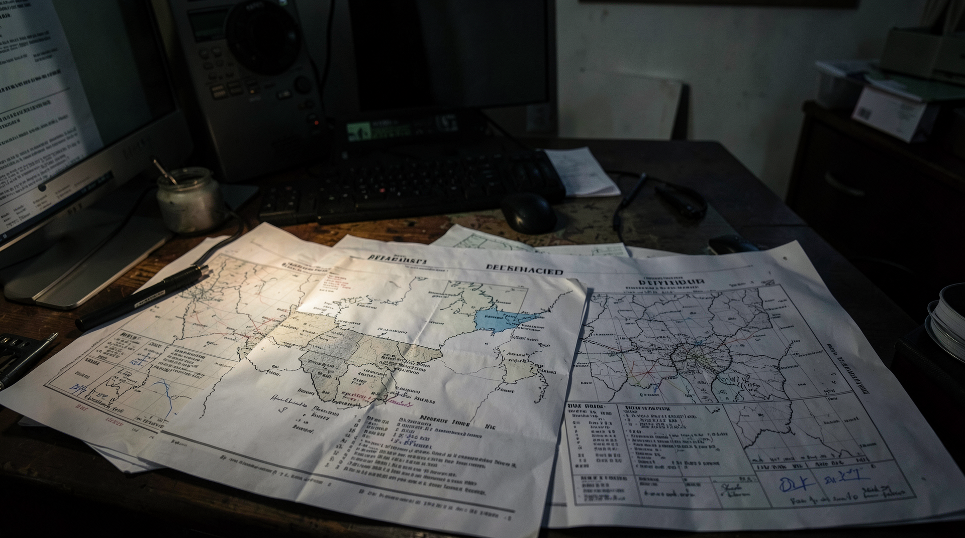 Diplomatic cables and strike maps spread across a newsroom desk.