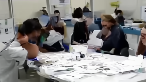 Health workers reviewing contact-tracing forms in an outbreak office