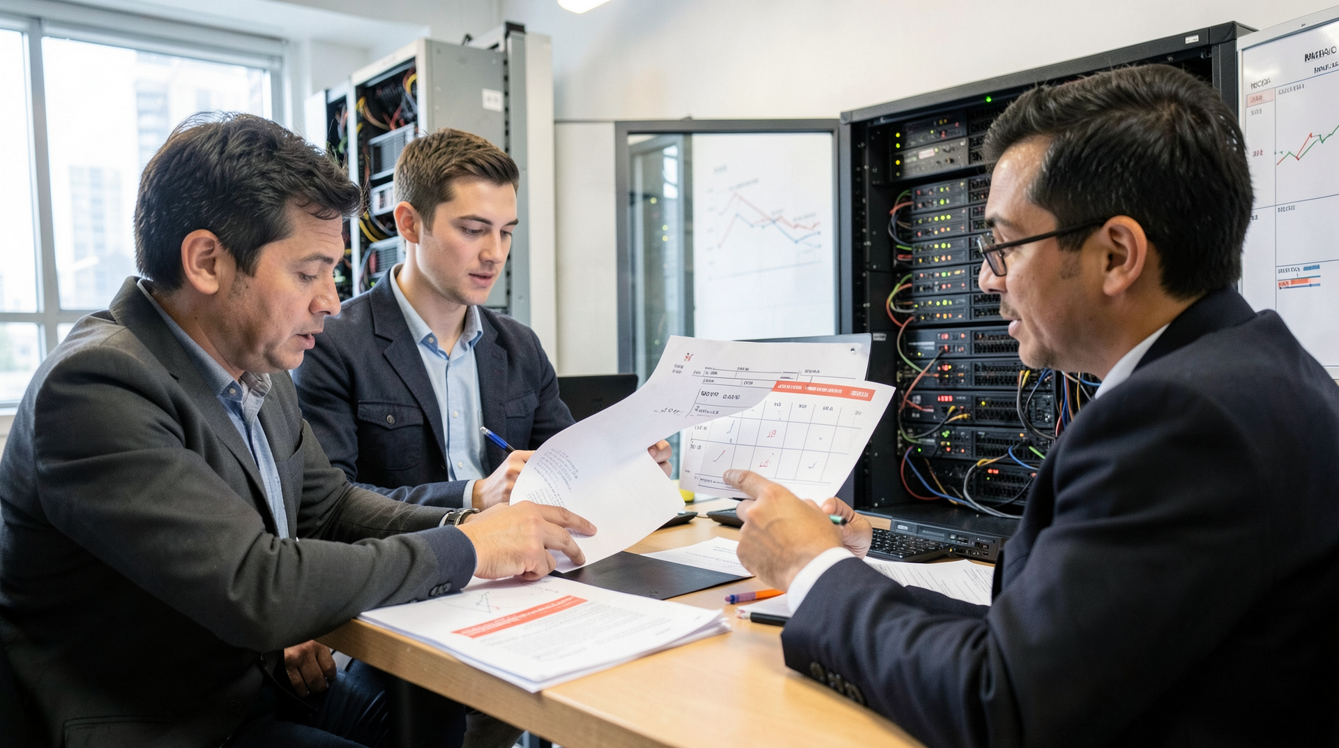 Startup finance team reviewing redacted IPO documents beside server-rack imagery.