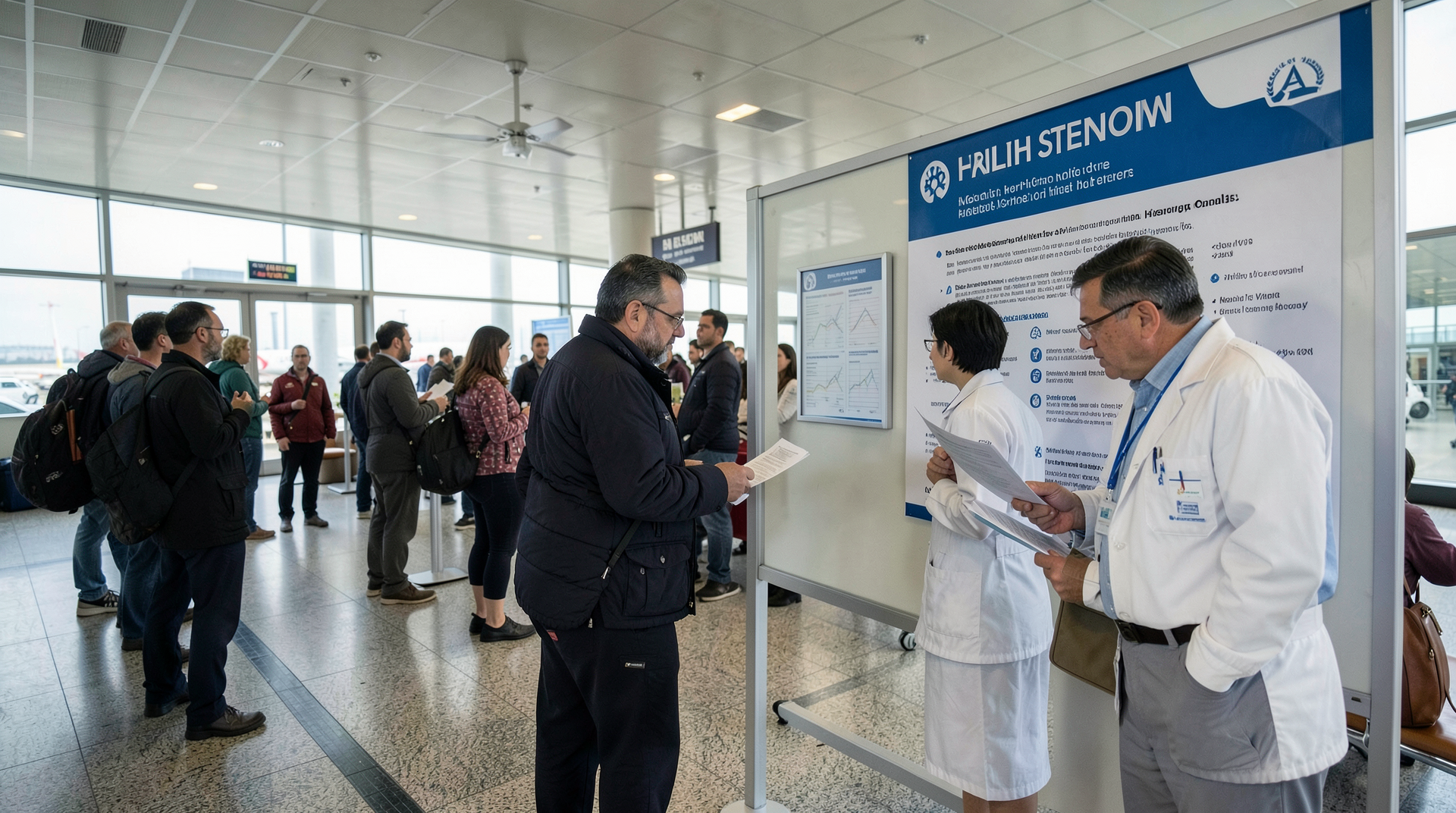 Travelers at an airport health-screening checkpoint near a public-health notice board.