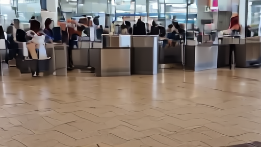 Travelers passing a public-health screening desk in an international arrivals hall.
