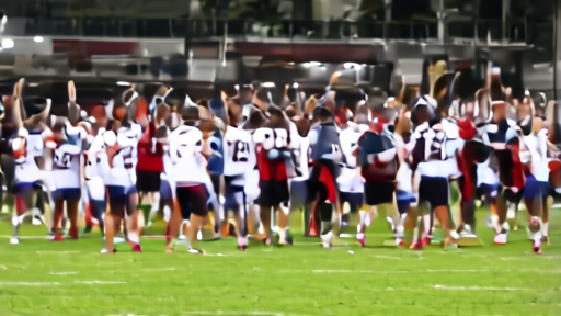 Lacrosse players celebrate near television cameras under stadium lights