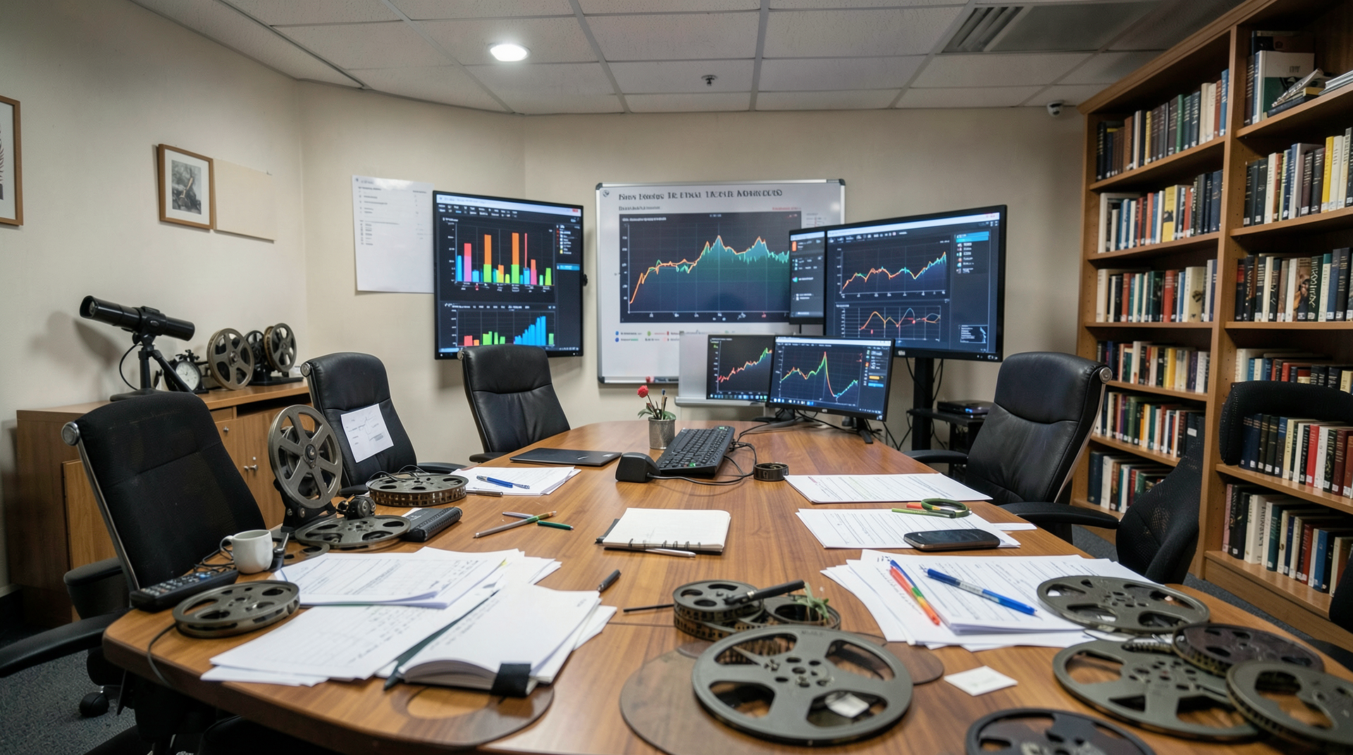 Studio finance room with film reels, shelves, and balance sheets.