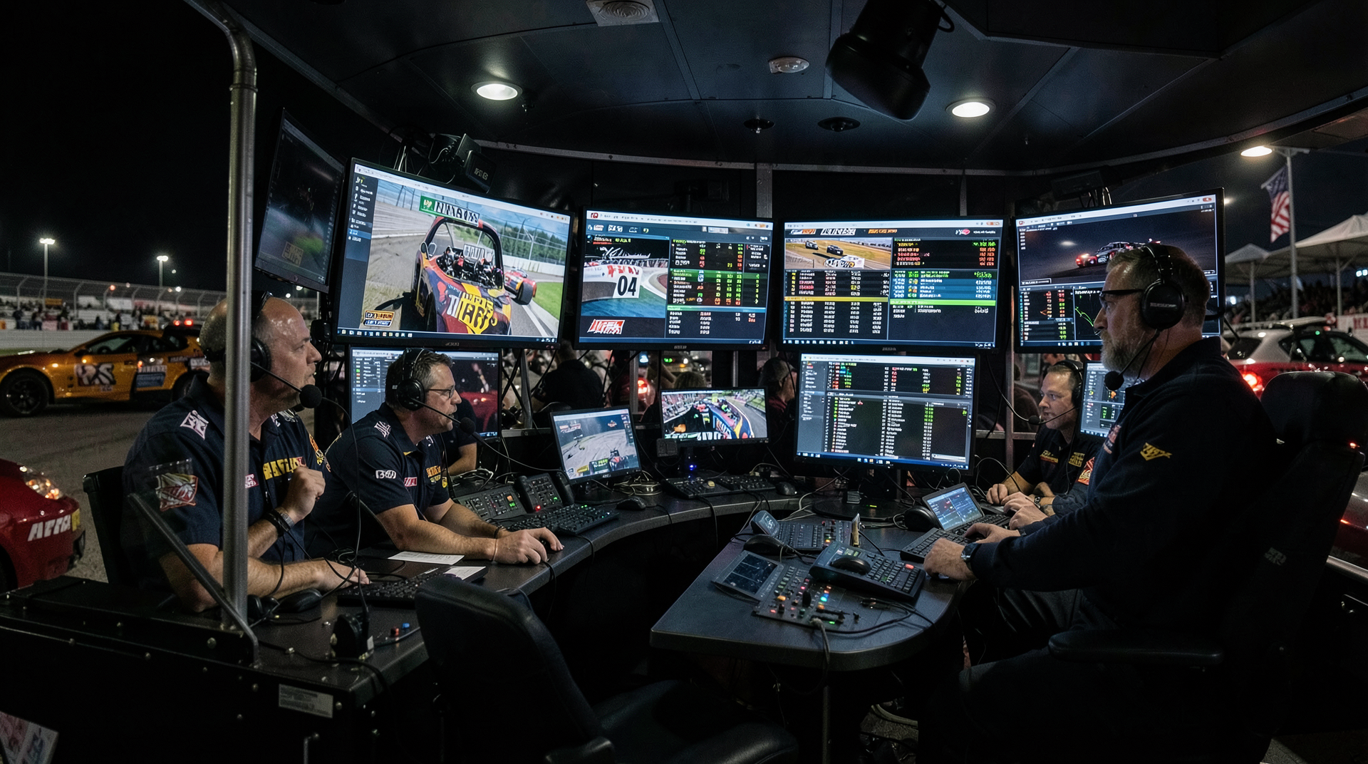 NASCAR broadcast truck with race monitors and ratings dashboards.
