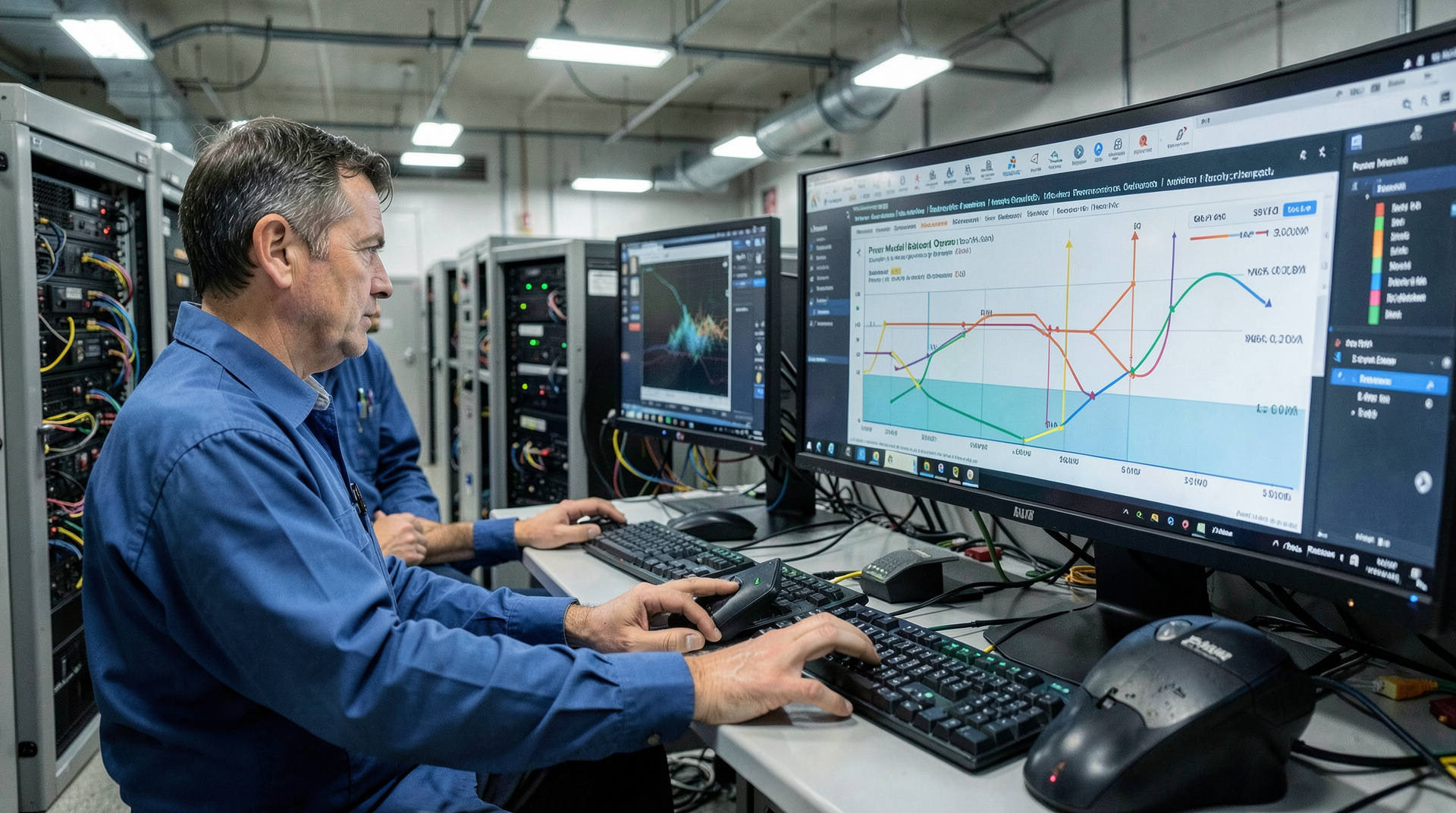 Engineers monitoring multi-model routing screens in a data-center control room.