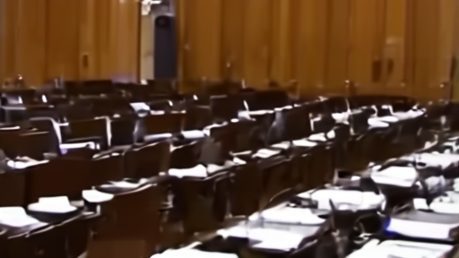 Empty Senate chamber desks with voting papers and a clock in the background