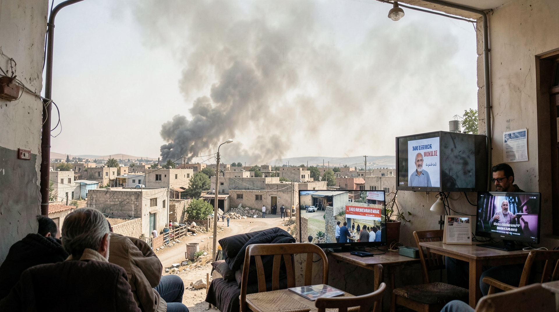 Smoke beyond a southern Lebanon village while a cafe television shows a truce announcement.