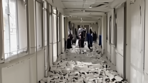 A damaged hospital corridor with broken windows and medical staff moving patients away from debris