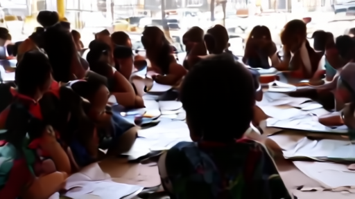 Young people gathered around a map in a crowded community classroom