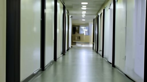 A quiet hospital maternity ward hallway with a nurse checking charts.