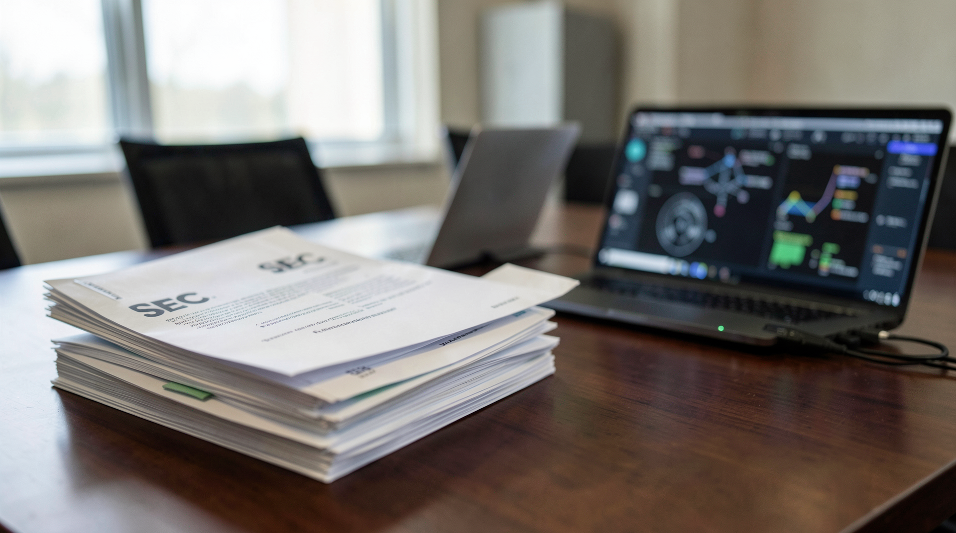 Sealed SEC filing folders beside AI infrastructure dashboards on a conference table