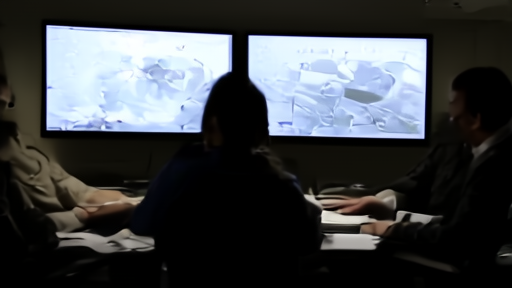Analysts comparing satellite images of a damaged air base on large monitors