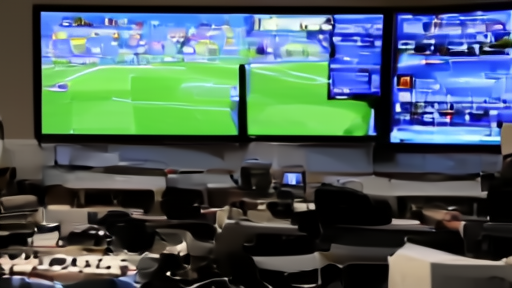 Television control room airing a European soccer final before midday