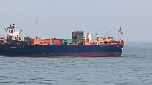 Cargo ship waiting in hazy Gulf waters as a small supply boat approaches with water canisters