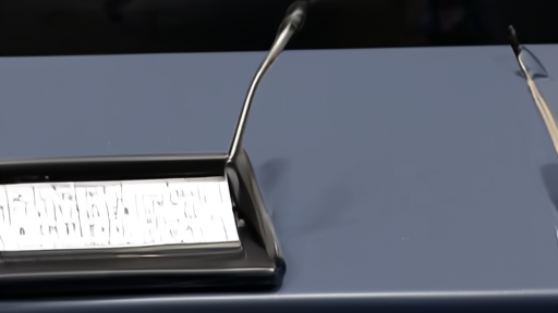 A diplomatic conference table with folders and an empty document slot