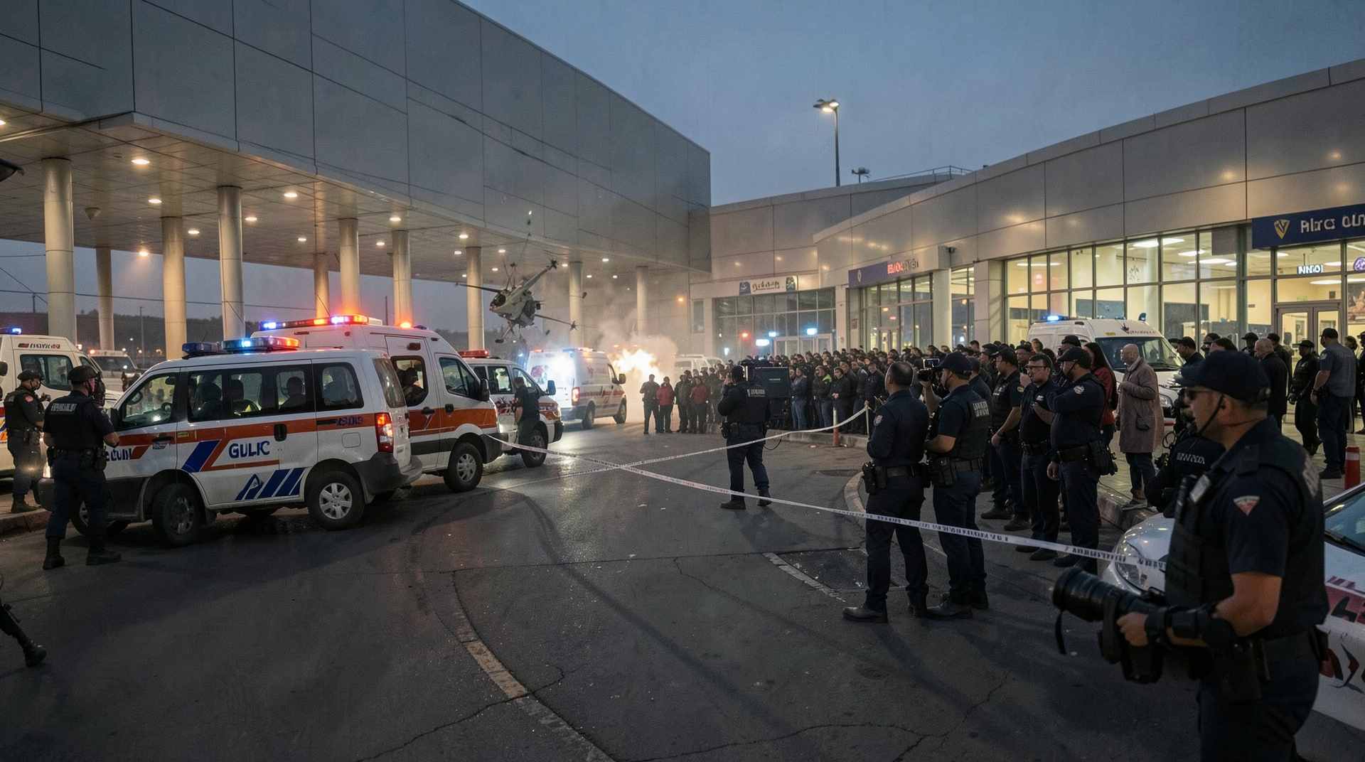Emergency vehicles and security staff outside a Gulf airport terminal after a drone strike