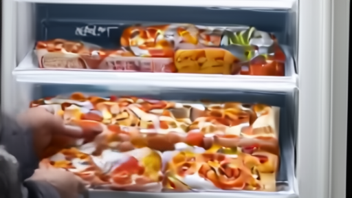 Shopper checking a frozen pizza box label in a home freezer